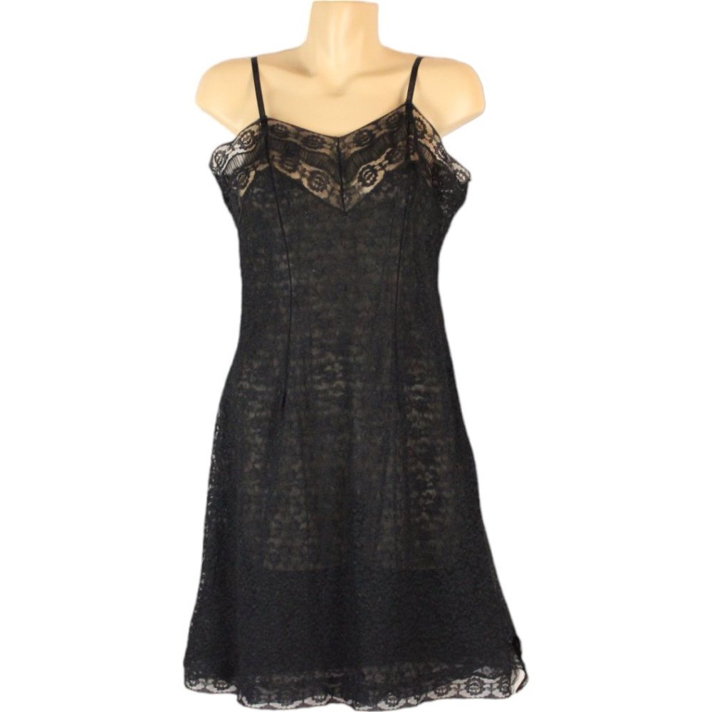 Vintage Black Lace Slip Large Dress Lined Large Sheer Bust V Neck SP63